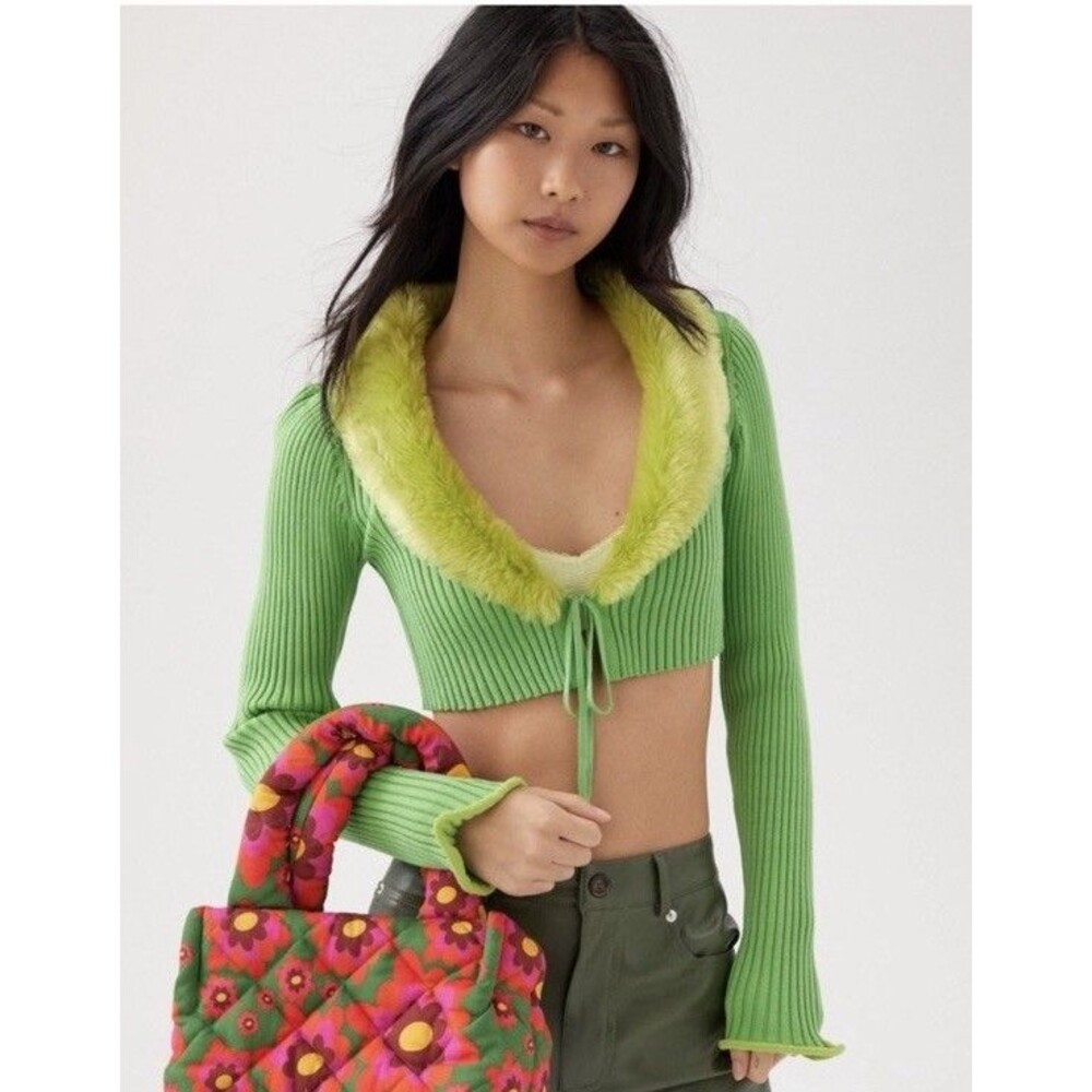 Urban Outfitters Izzy Crop Cardigan Christmas Grinch Faux Fur Green Size XS Y2K